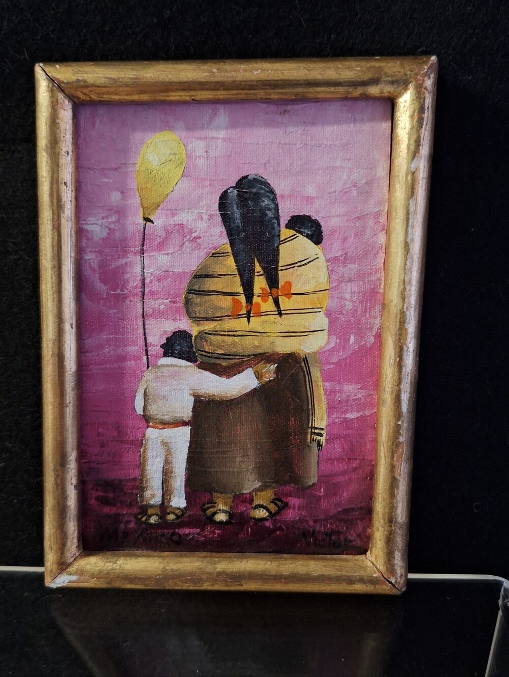 Hand Painted Mexico Folk Art Framed Signed Mattamoris Mother/Children 4"x6"